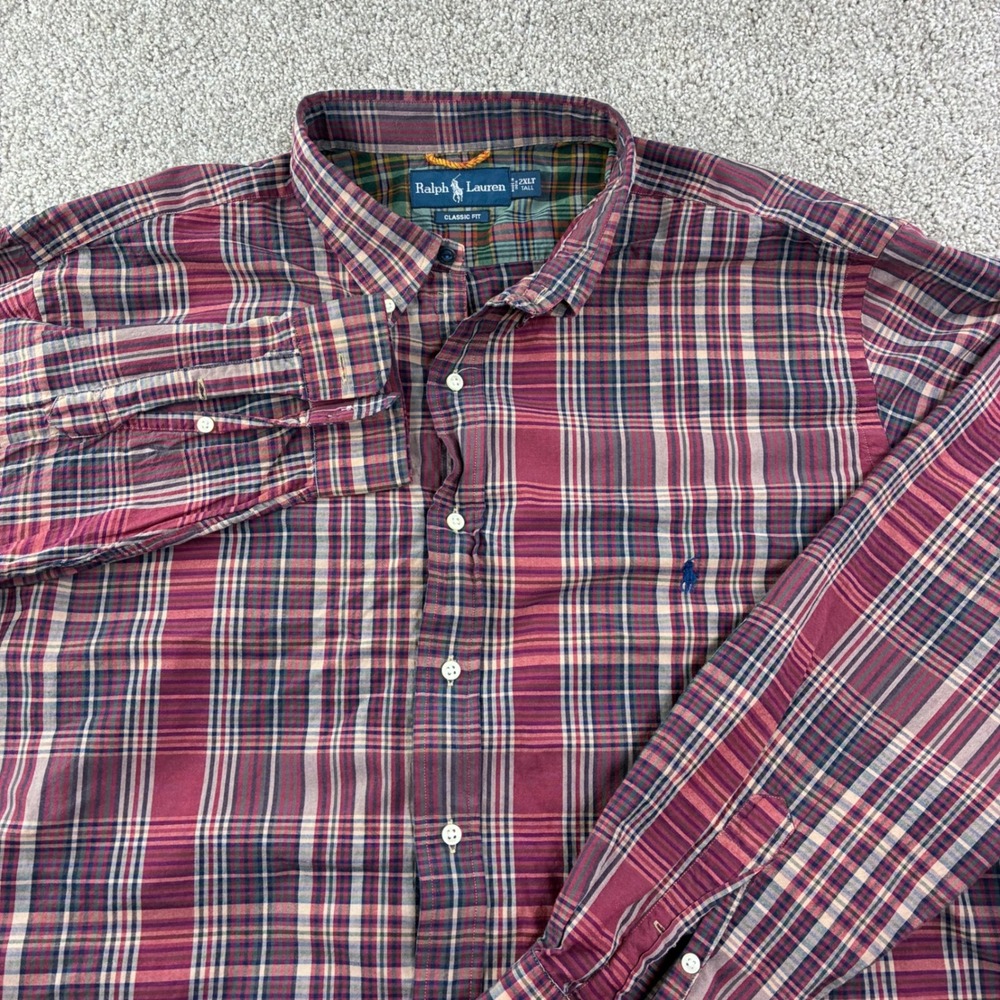 Ralph Lauren Mens 2XLT Tall Classic Fit Plaid Button Up‎ Shirt Burgundy Career
